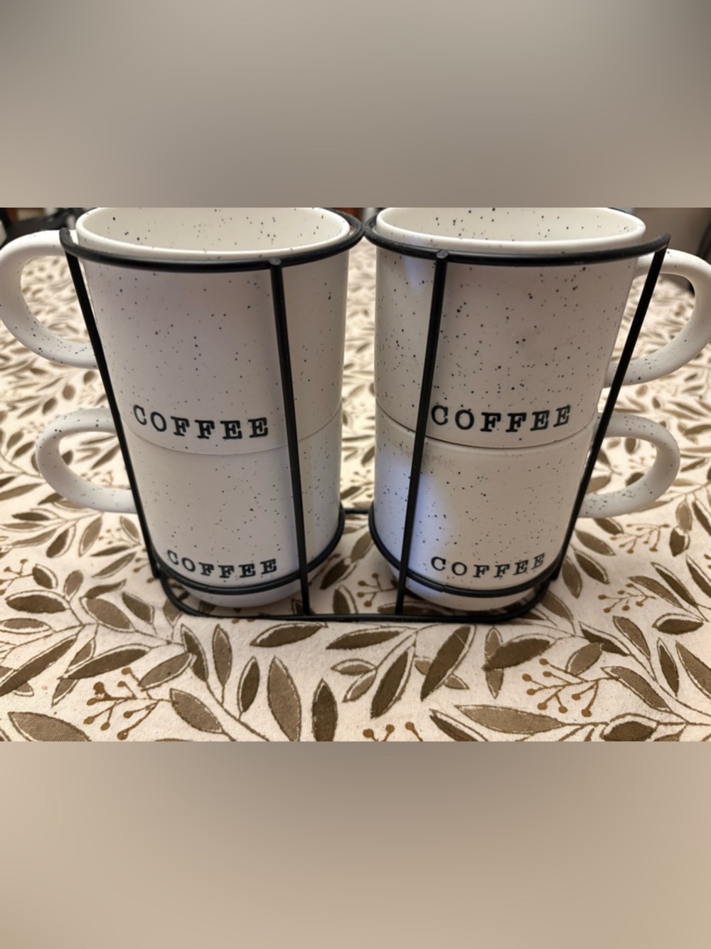 Stackable Speckled 'COFFEE' Mug Set - White with Black Holder